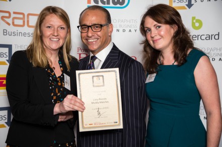 MM's Lucy with Theo Paphitis and MM's Heather accepting their SBS award