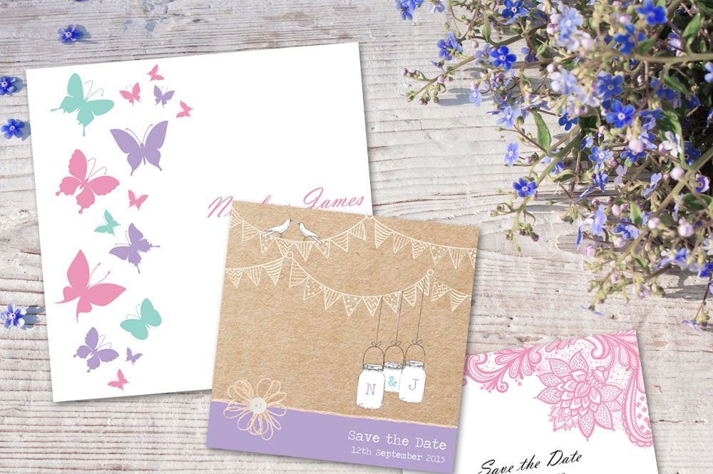 Selection of three wedding invites with butterflies, bunting and floral pattern.